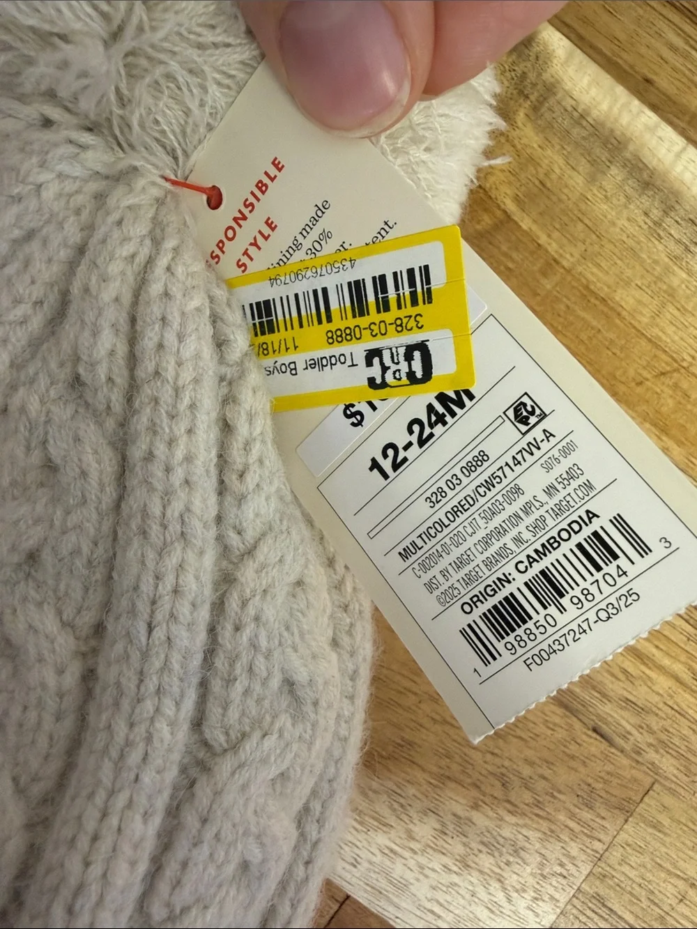 Cable Knit Pom Hat for Kids - Cream with Multicolor Stripe